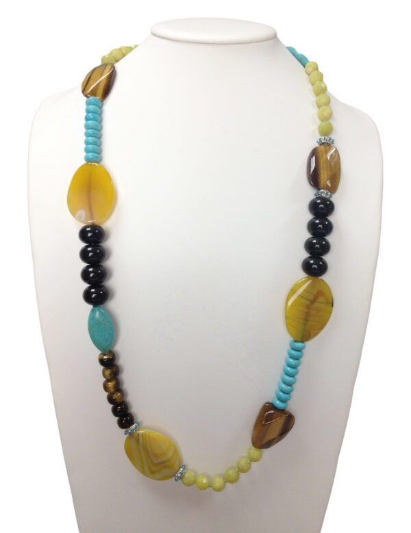 A necklace with different colored beads on it