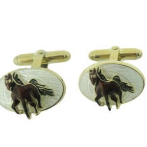 A pair of horse cufflinks with gold plating.