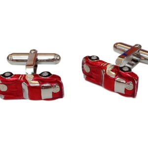 A pair of red and silver car cufflinks.