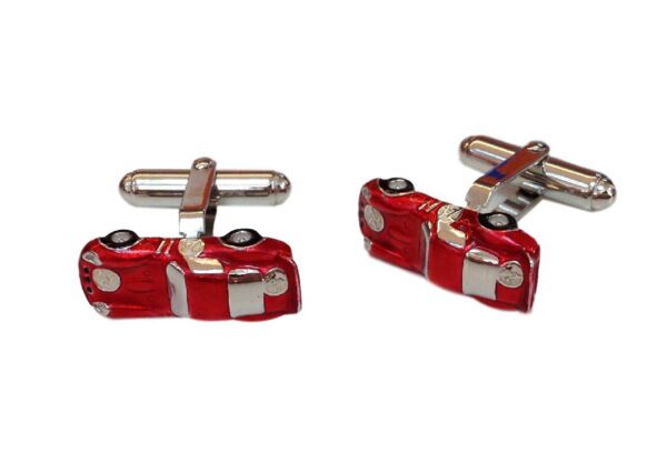 A pair of red and silver car cufflinks.