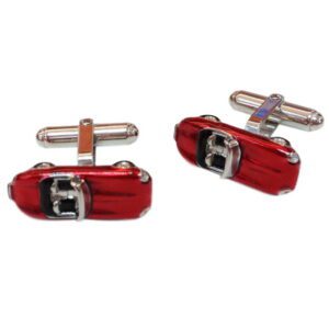 A pair of red car cufflinks with chrome trim.