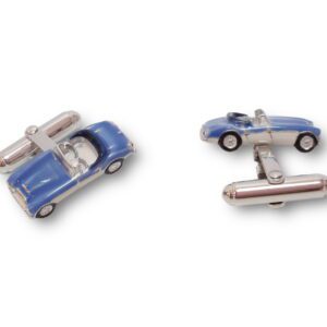 A pair of cufflinks with a blue car and a silver car.