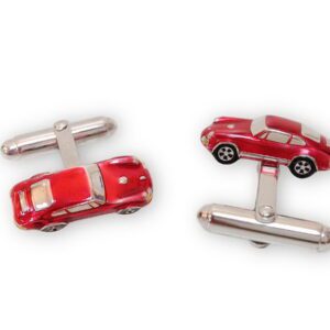 A pair of red car cufflinks with silver trim.
