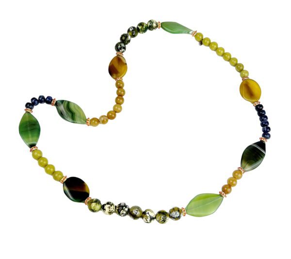 A long necklace of green and yellow beads.