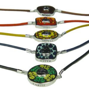 A group of six necklaces with different designs on them.