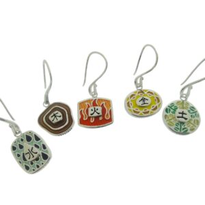 Five Elements Earrings with colorful enamel designs featuring abstract and symbolic patterns on a white background.