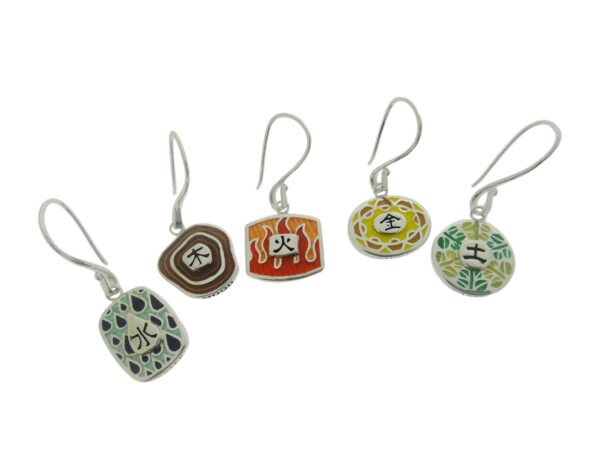 Five Elements Earrings with colorful enamel designs featuring abstract and symbolic patterns on a white background.