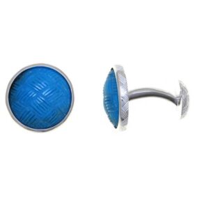 A pair of blue cufflinks with a silver frame.