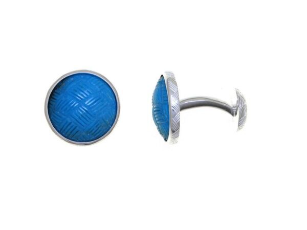 A pair of blue cufflinks with a silver frame.