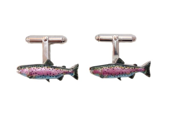 A pair of salmon cufflinks with pink and purple fish.