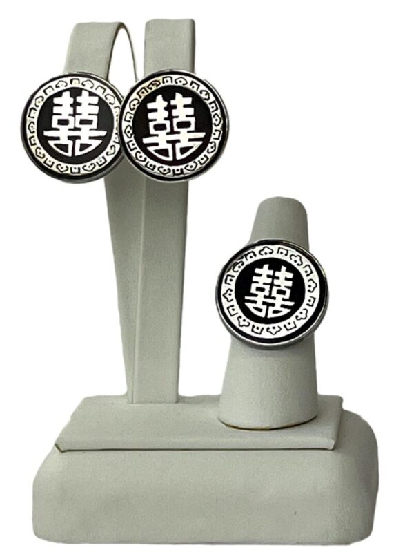Three Double Happiness MOP Earrings displayed on a gray stand. Each earring features square holes and traditional Chinese characters.