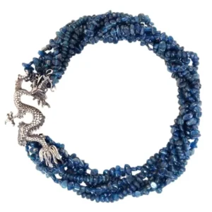 A blue necklace with a dragon charm on it.