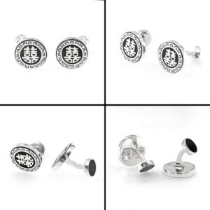 A collection of cufflinks with the image of a clock.