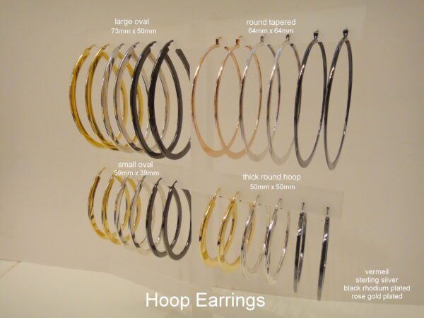 Display of various Oval & Round Hoop Earrings in different sizes and finishes, including vermeil, sterling silver, and black rhodium plated, labeled with dimensions.