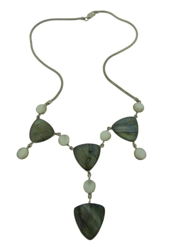 A necklace with green stones and white beads.