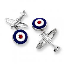 A pair of cufflinks with an airplane and a target.