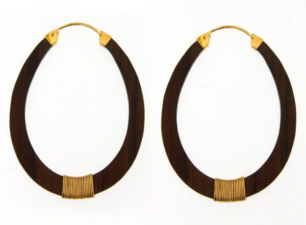 A pair of Sonowood Oval Wrapped Hoop Earrings with gold accents and fringe details, displayed against a white background.