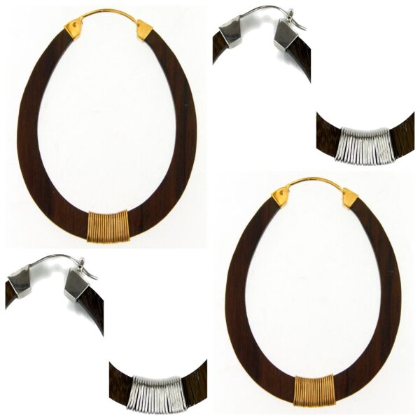 Four images of a Sonowood Oval Wrapped Hoop Earring and three pairs of metal earrings with fringe details, displayed against a white background.