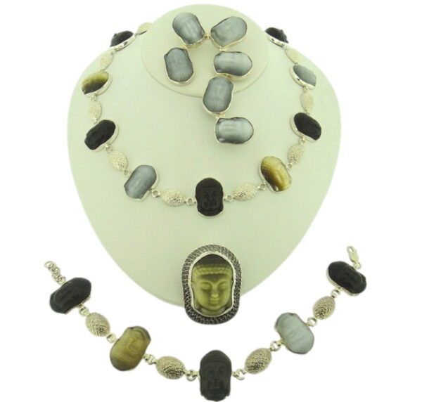 A necklace and bracelet set with various stones.