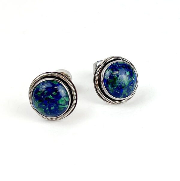 A pair of earrings with blue and green earth images.