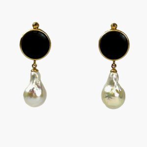 A pair of earrings with black and white stones.