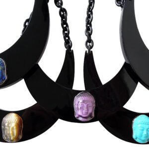 A group of three necklaces with different colored stones.