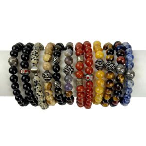 A row of bracelets with different colors and designs.