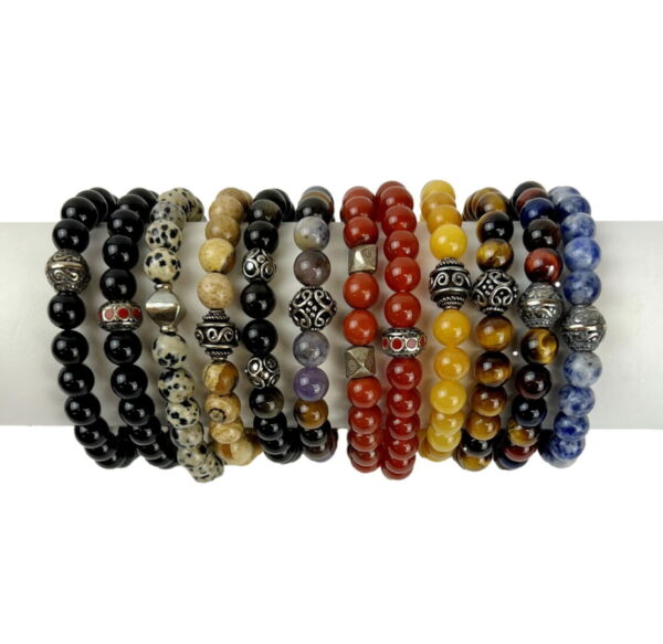 A row of bracelets with different colors and designs.