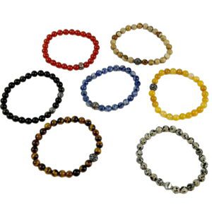 A group of eight different colored bracelets.