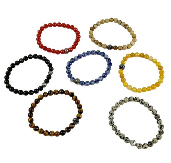 A group of eight different colored bracelets.