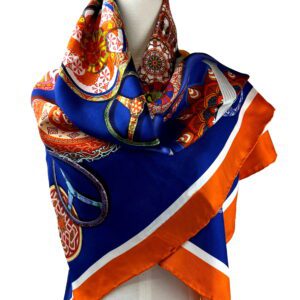 A blue and orange scarf is on display.
