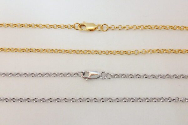Three Belcher chains displayed against a white background; top and bottom chains are gold, middle chain is silver, each with different clasps.