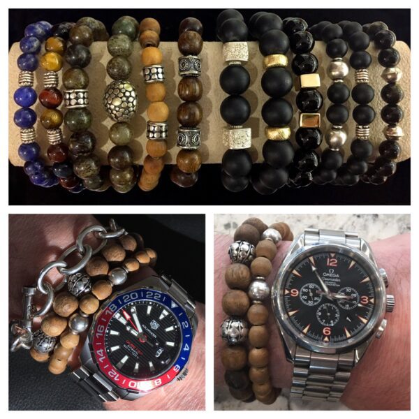 A collection of bracelets and watches with different colors.