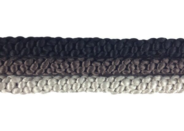 Hand Braided 10mm Cord Necklace in gradient shades from dark grey to light grey, displaying different textures and thicknesses.