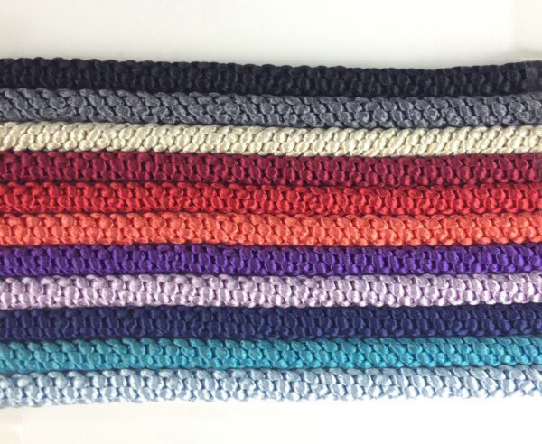 Rows of colorful Hand Knotted 6mm Cord Necklace bands in a gradient from navy blue to grey, arranged against a white background.