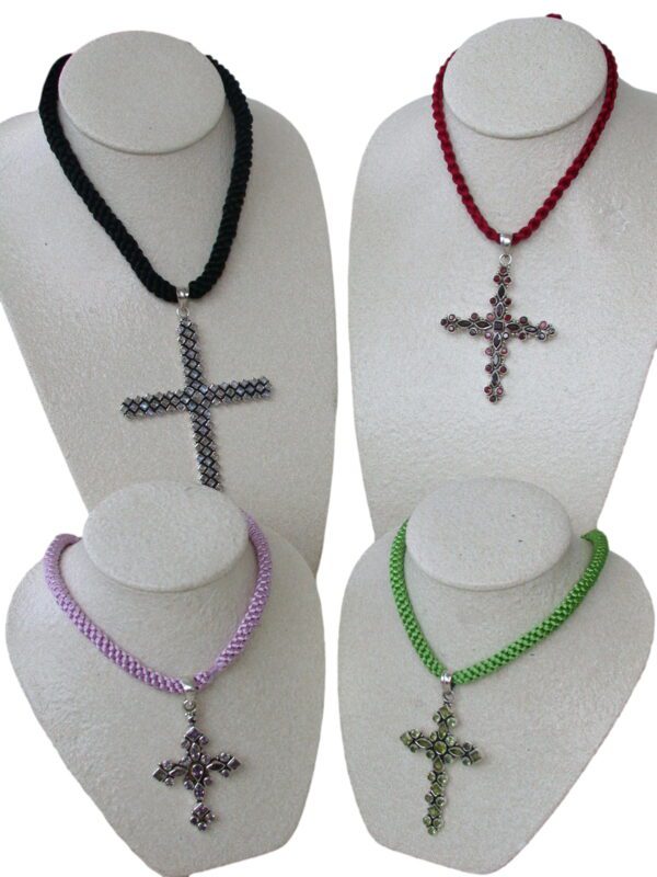 Four mannequin busts displaying various Hand Knotted 6mm Cord Necklaces with cross pendants, each in different colors and styles.