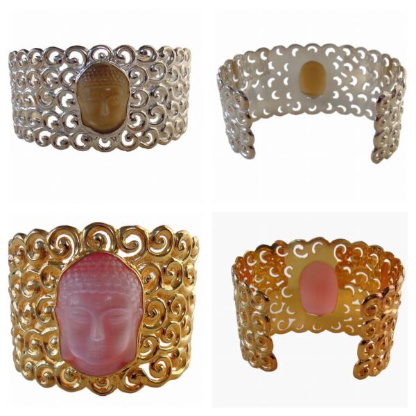 Four images of Ming Cloud Cuffs, each featuring a central cameo with a Buddha face, set in detailed metal designs in silver and gold tones.