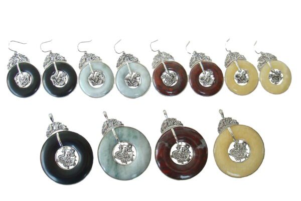 A group of eight pairs of earrings in different colors.