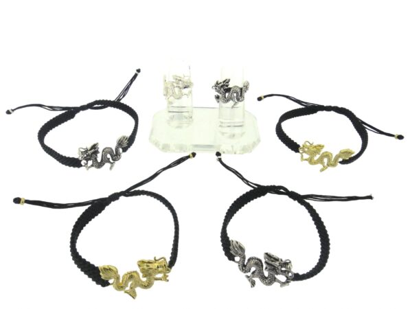 Four braided black bracelets with metallic Dragon Ring charms, displayed symmetrically on a white background.