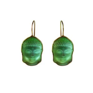 A pair of green buddha earrings on a white background