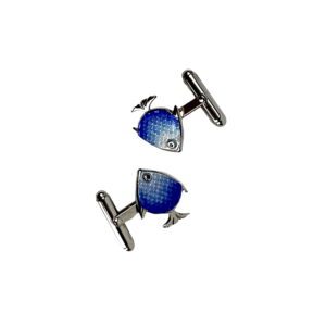 A pair of blue fish cufflinks with silver backs.