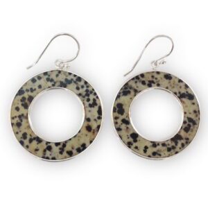 A pair of Fancy Stone Donut Wrapped Earrings with silver hooks on a white background.