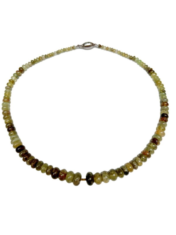A necklace of green and brown beads is shown.