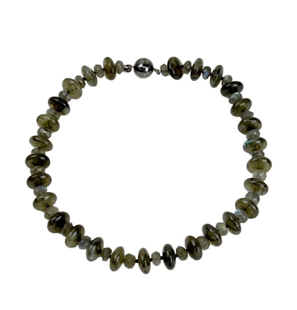 A necklace of green beads is shown.