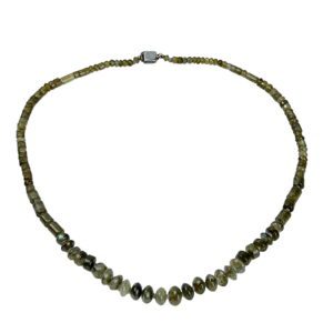 A necklace of green beads is shown.
