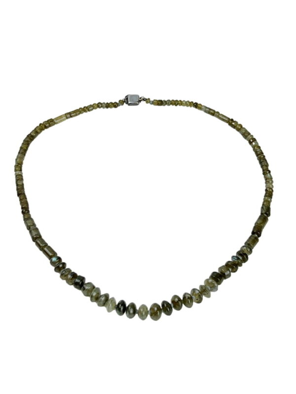 A necklace of green beads is shown.