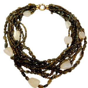 A necklace with many strands of beads and stones.