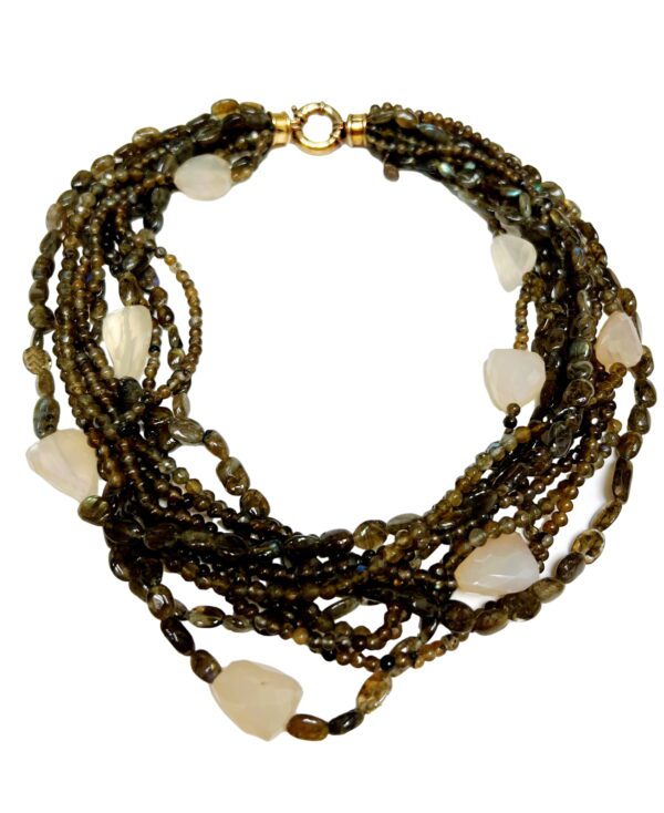 A necklace with many strands of beads and stones.