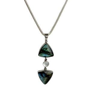 A necklace with two triangular shaped stones and a pearl.