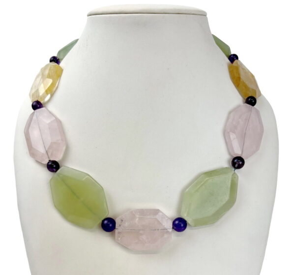 A necklace of various shapes and colors is displayed.